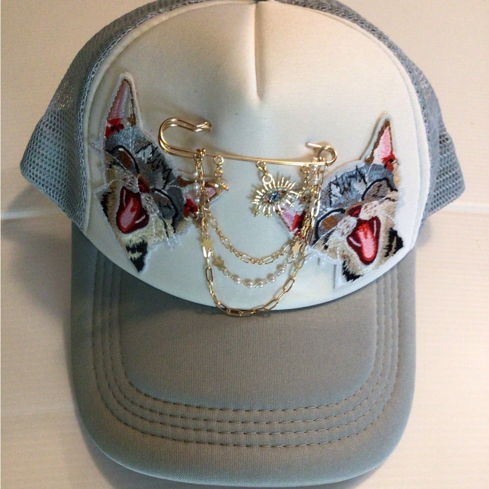 NEW! Glam Kitty Patch Trucker Hat with Gold Charm Chain
